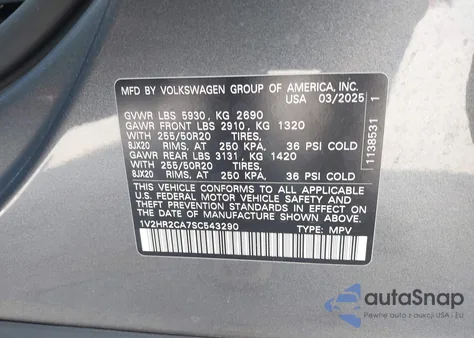 2025 Volkswagen Atlas 2.0T Se W/Technology z USA, uszkodzony, nr VIN 1V2HR2CA7SC543290